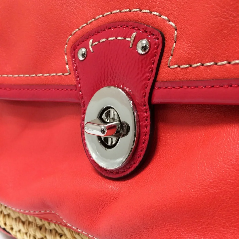 Coach Woven Straw Pocket Tote Natural Coral Leather Trim Turnlock Beach Bag